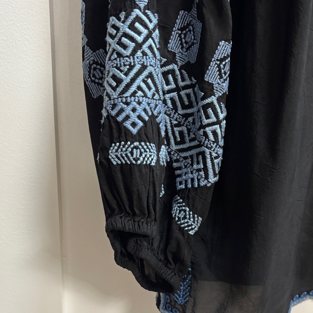Johnny Was Black lightweight Blouse with Multicolor Embroidery XL tie at neck - Picture 5 of 15